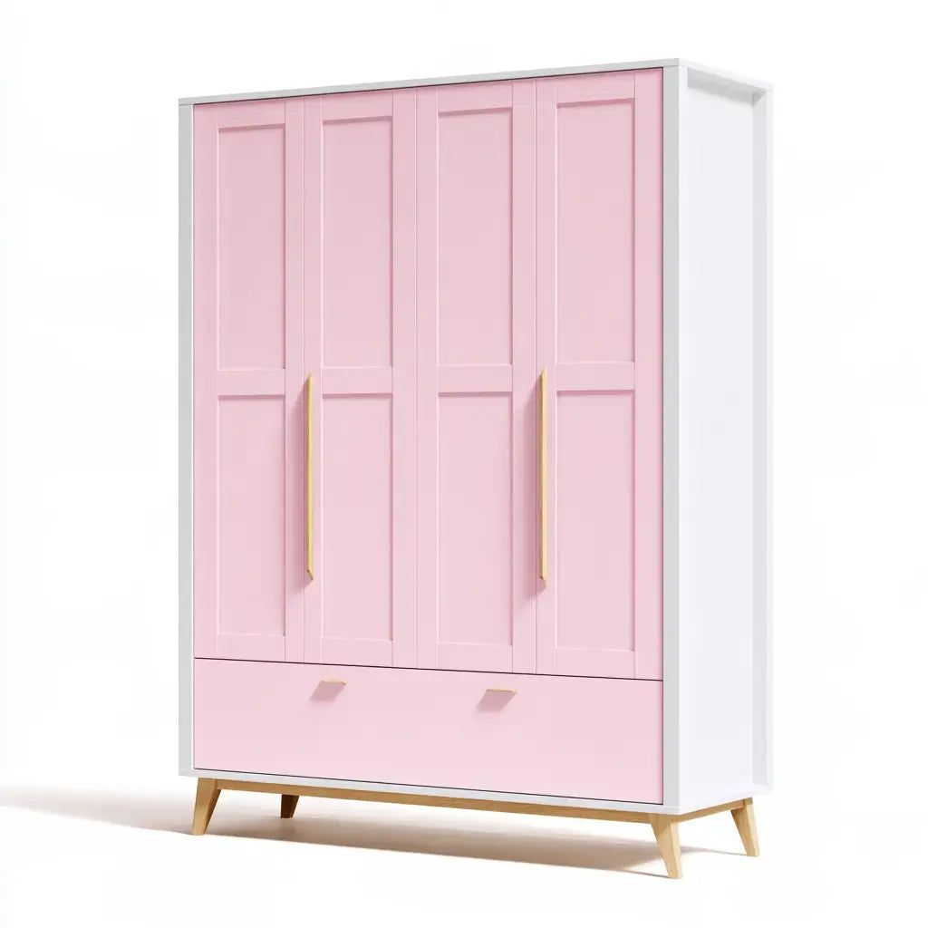Armario con tres puertas molduradas y cajones - rosa