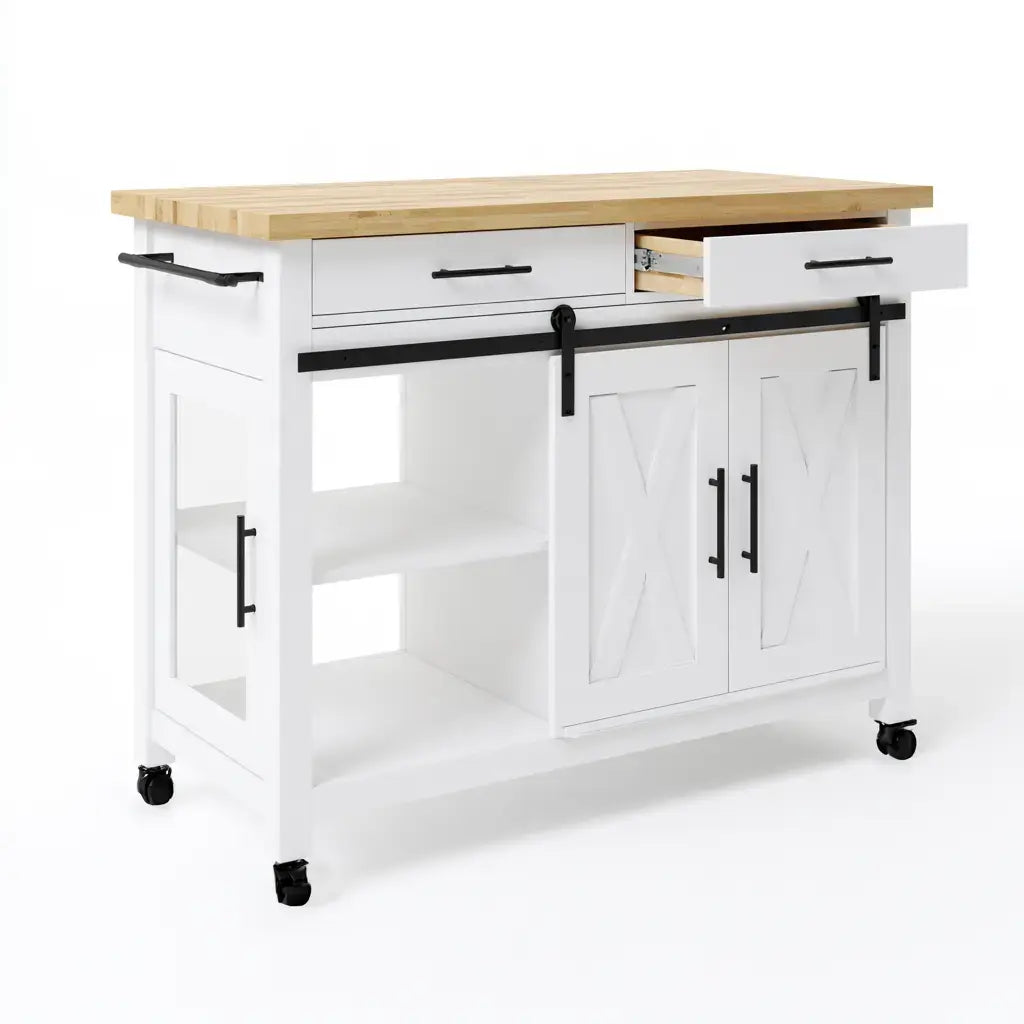 Isla de cocina con puertas inferiores y estantes laterales - blanco/beige