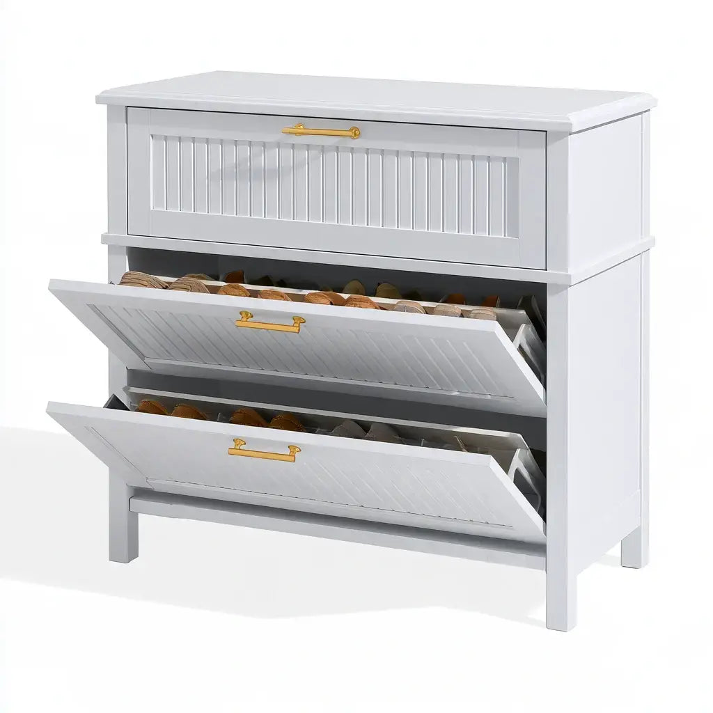 Zapatero con compartimentos abatibles y cajón alto - blanco