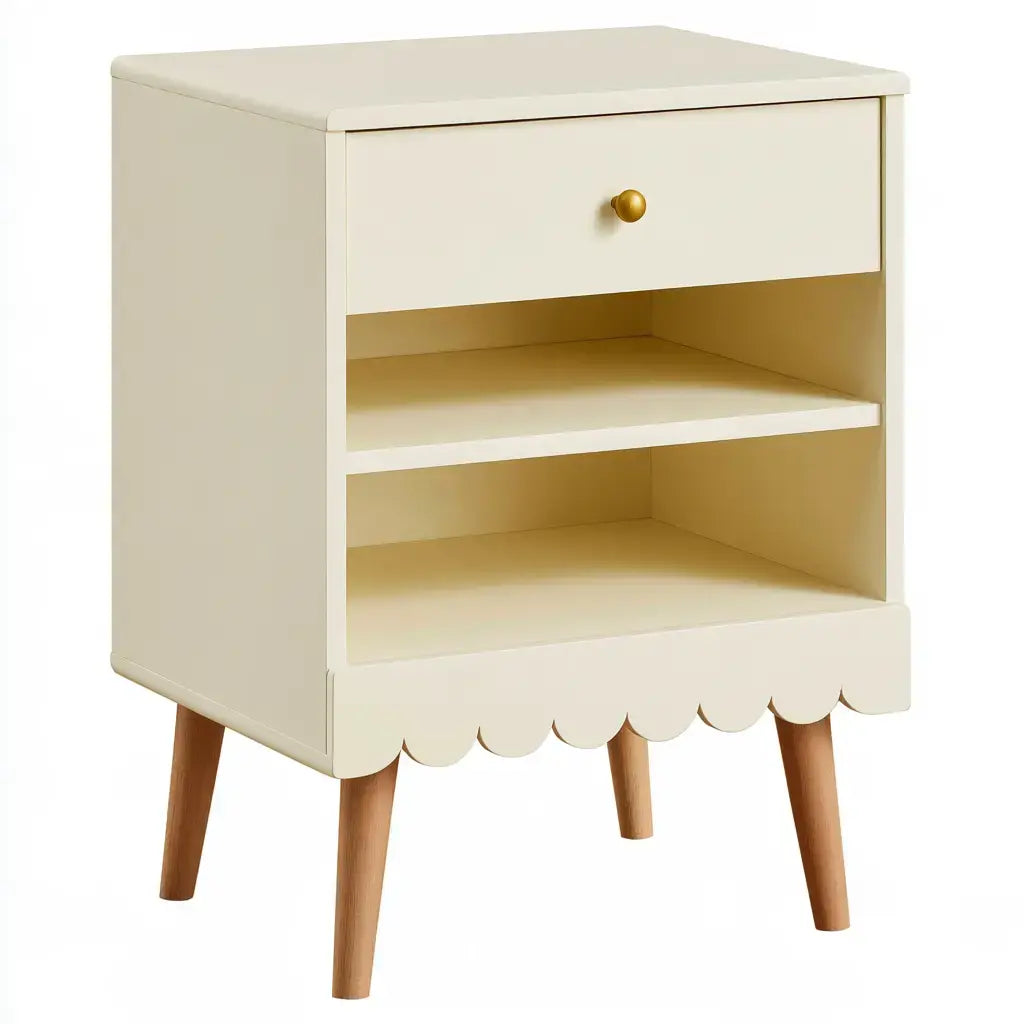 Mesita de noche con cajón y dos estantes abiertos - beige