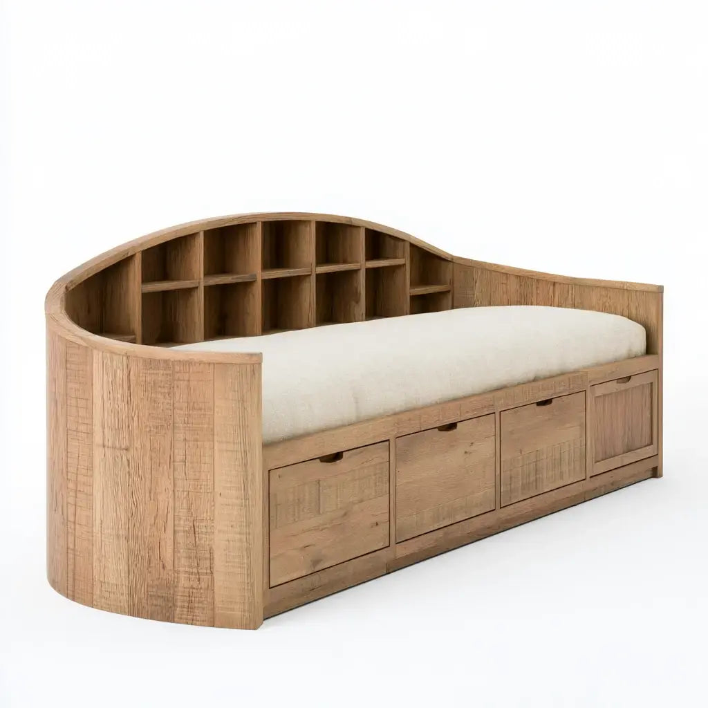 Cama con cabecero envolvente de estantes y cajones - beige
