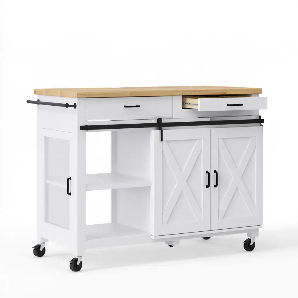 Isla de cocina con puertas cruzadas y estantes laterales - blanco/beige