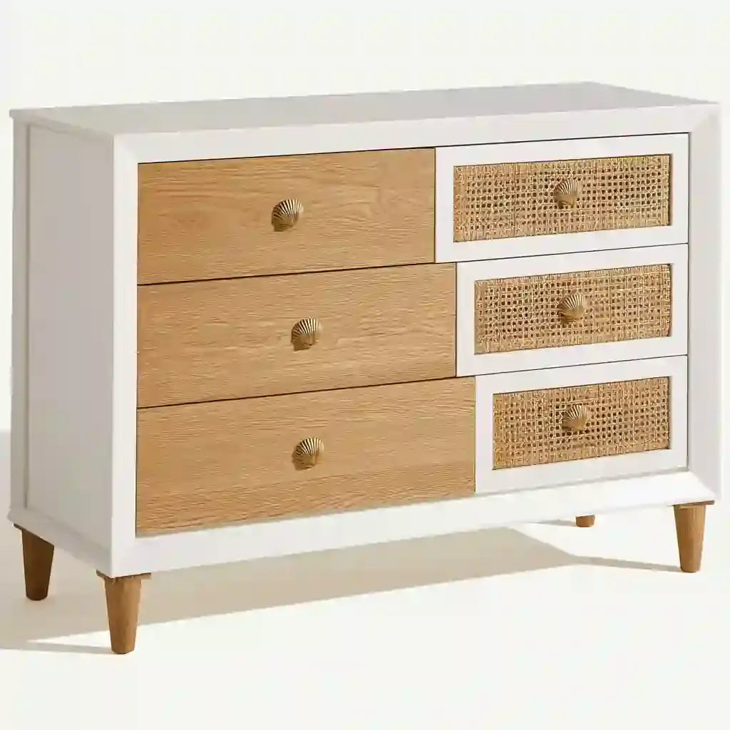 Cómoda con cajones lisos y frentes trenzados - beige/blanco